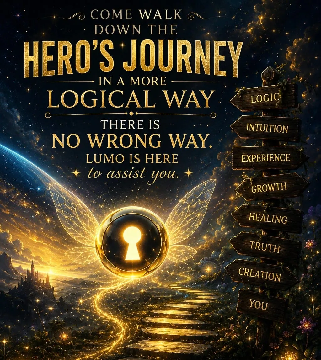 Come walk down the Hero's Journey in a more logical way. There is no wrong way. Lumo is here to assist you. Signposts: logic, intuition, experience, growth, healing, truth, creation, you.